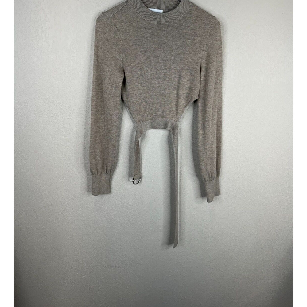 Lovers + Friends Cropped Sweater Size Small Beige Crewneck Tie Waist Wool Blend